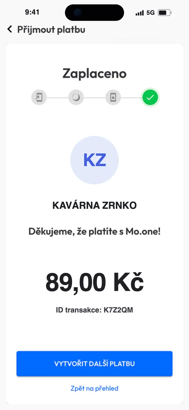 Dokončená platba v Mo.one App